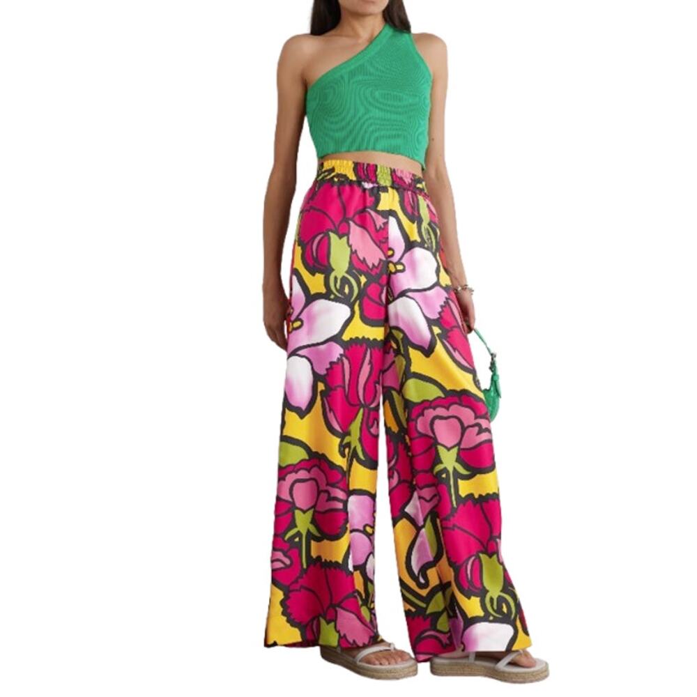 LA DOUBLEJ Floral-print silk-twill wide-leg pants